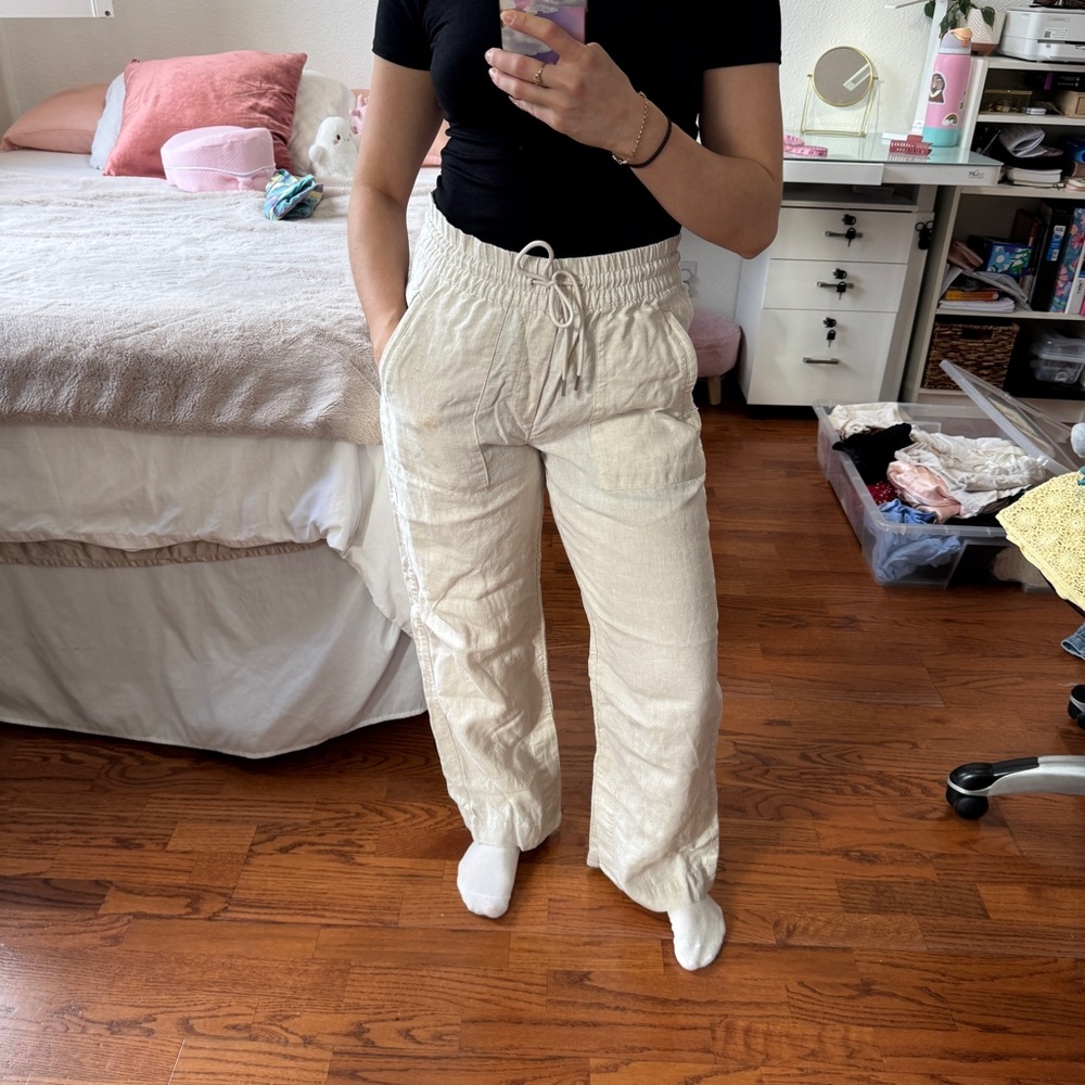 Linen Drawstring Casual Pants in Cream